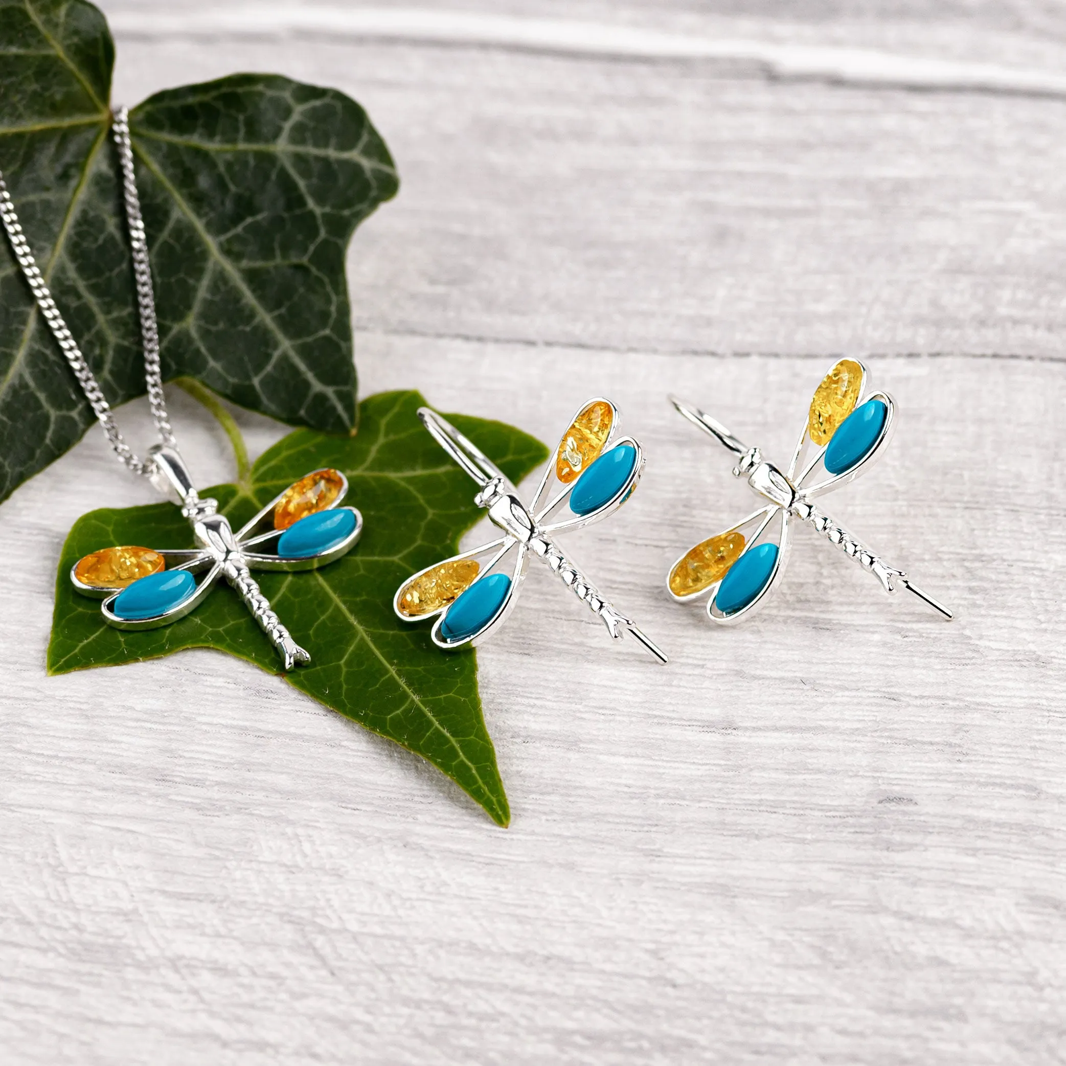 Dragonfly Necklace in Silver, Turquoise and Amber sold by Henryka product image thumbnail 5