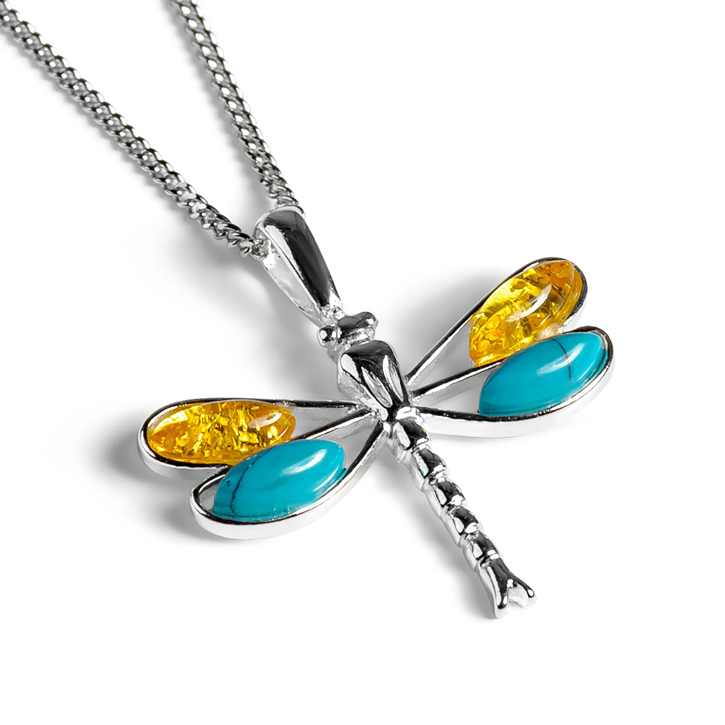 Dragonfly Necklace in Silver, Turquoise and Amber sold by Henryka