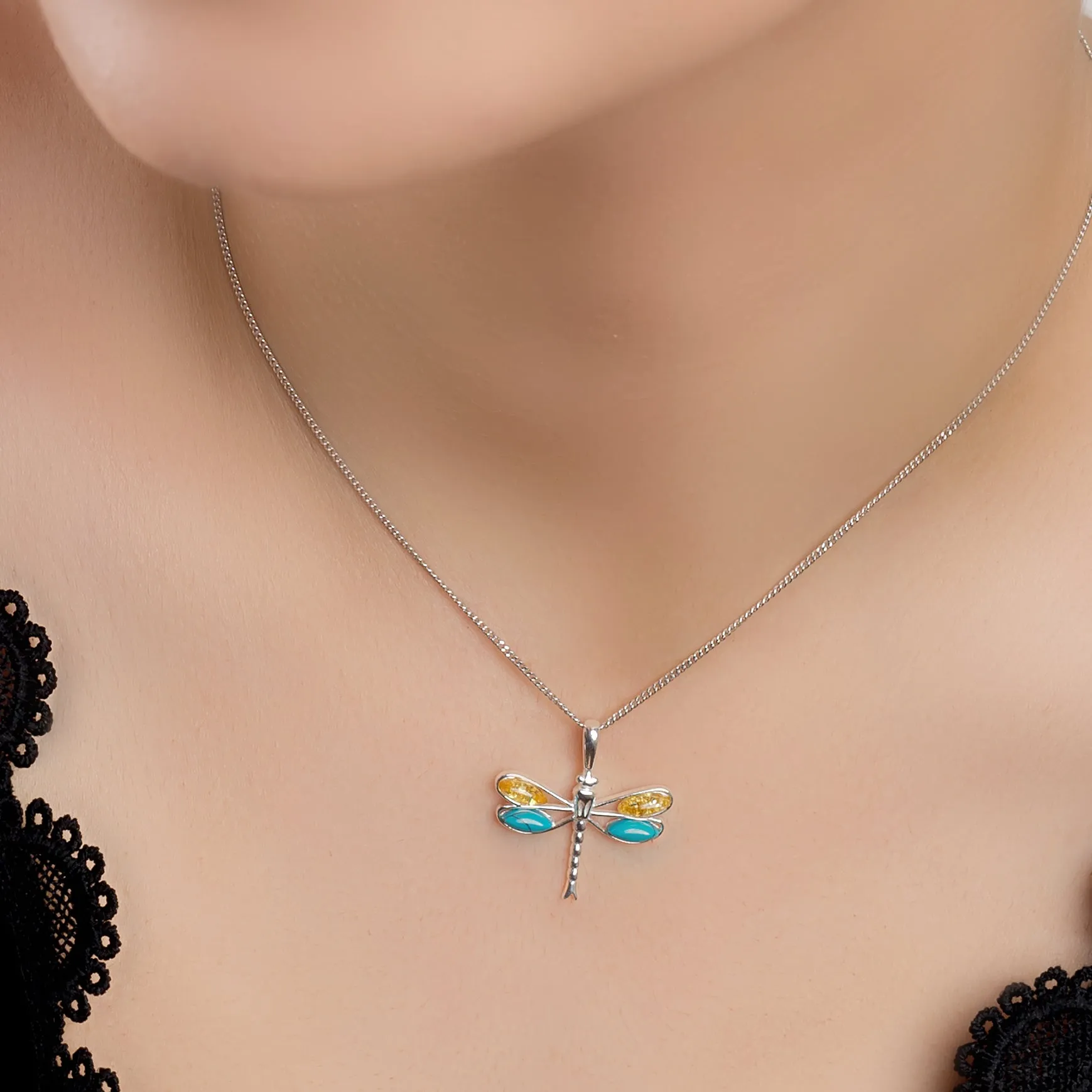 Dragonfly Necklace in Silver, Turquoise and Amber sold by Henryka product image thumbnail 2