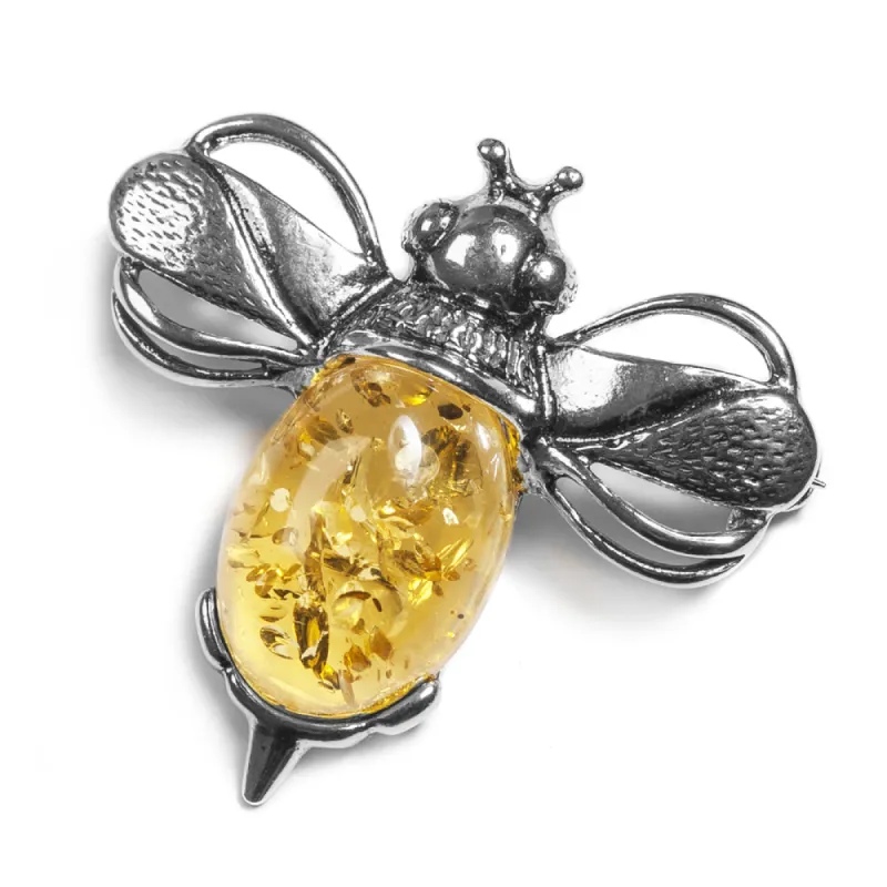 Bumble Bee / Bumblebee Brooch in Silver and Yellow Amber sold by Henryka