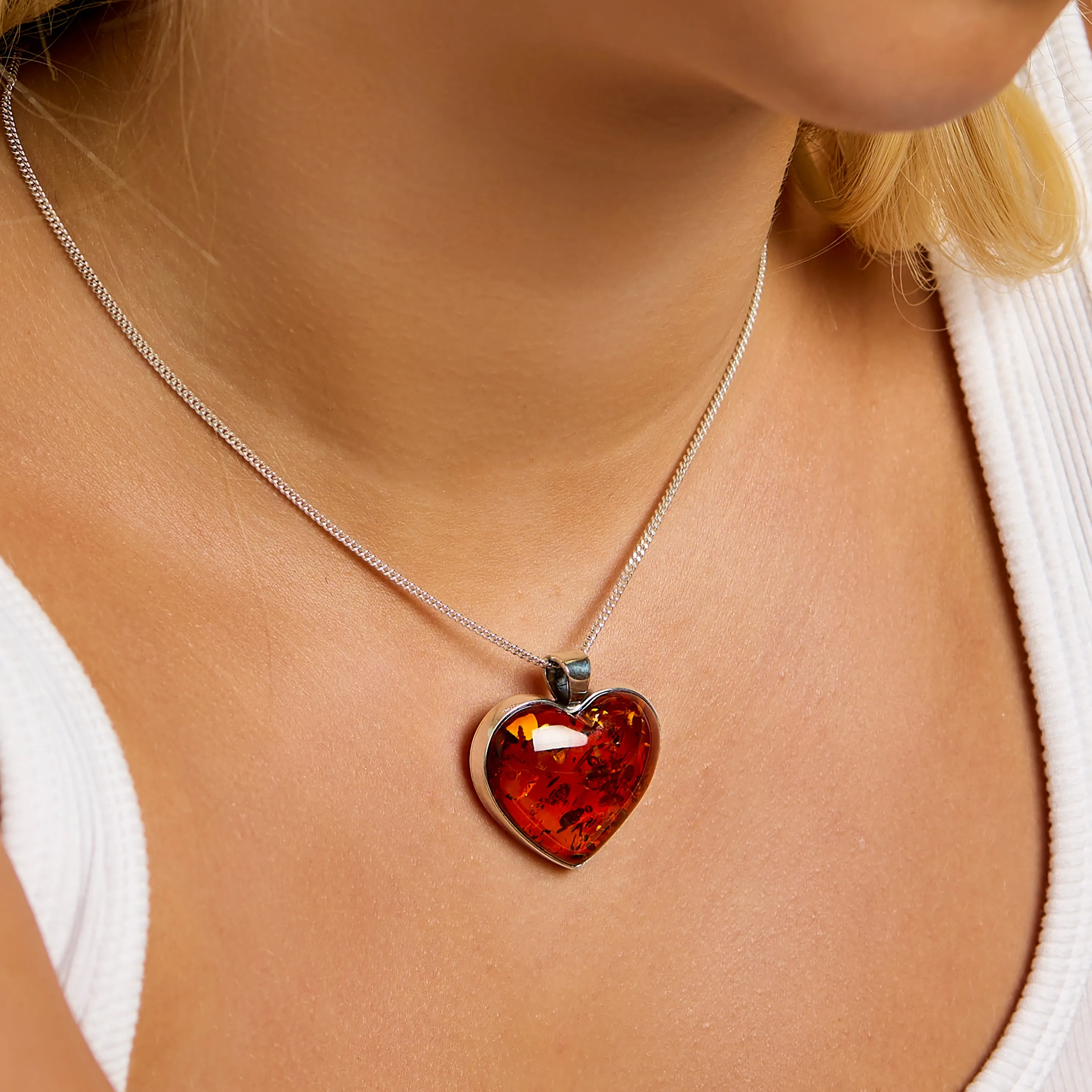 Heart Shape Cognac Amber and Silver Necklace - Natural Designer Gemstone sold by Henryka product image thumbnail 4