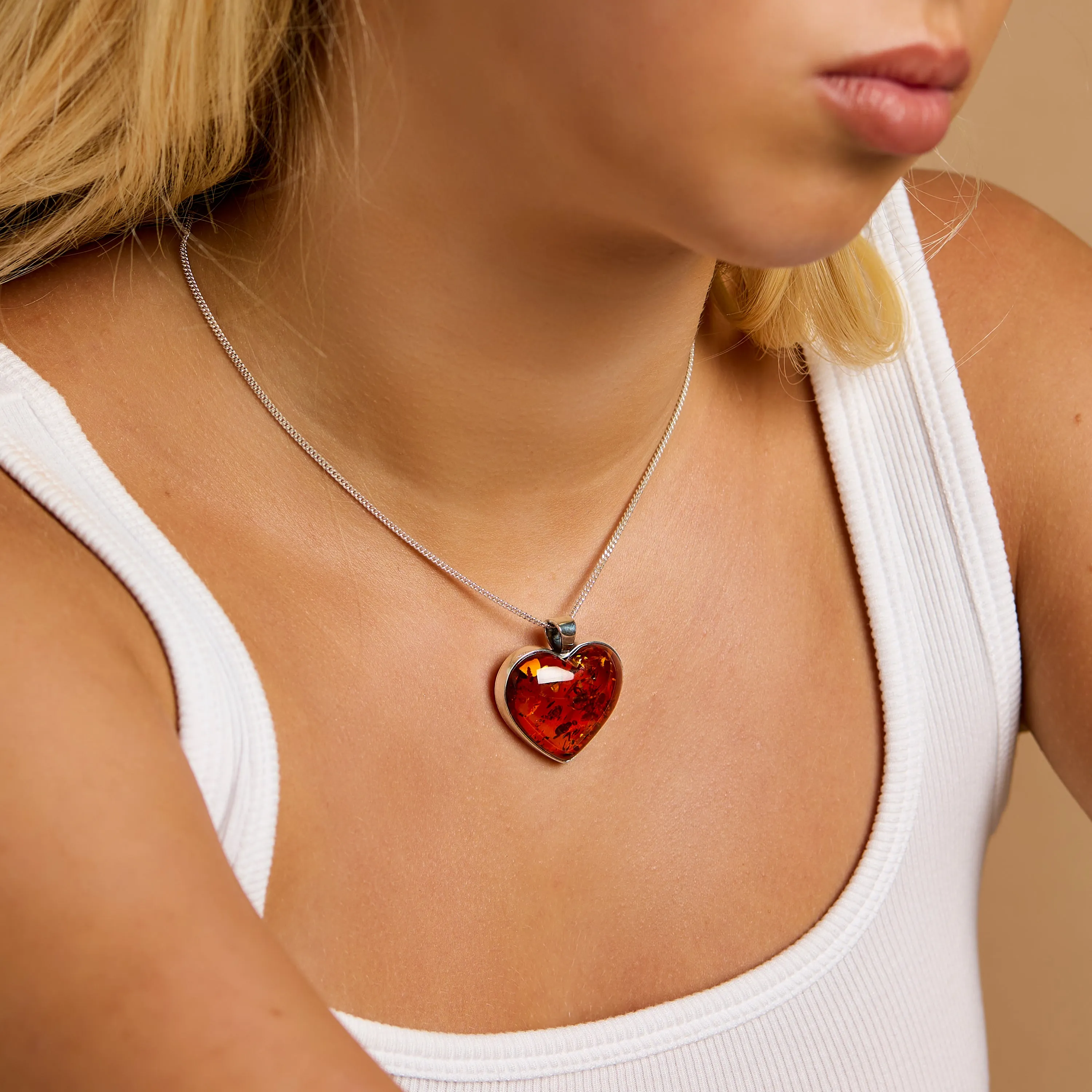 Heart Shape Cognac Amber and Silver Necklace - Natural Designer Gemstone sold by Henryka product image thumbnail 3
