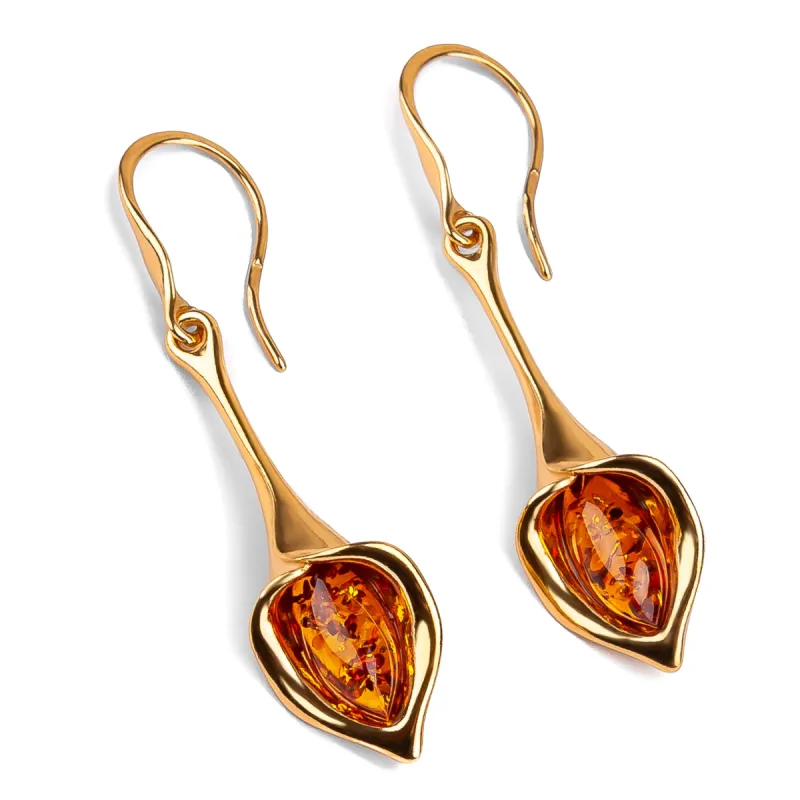Lily Flower Drop Earrings in Silver with 24ct Gold & Amber sold by Henryka