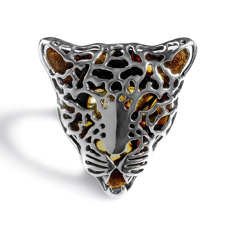 Large Magnificent Leopard Head Adjustable Ring in Silver and Amber sold by Henryka
