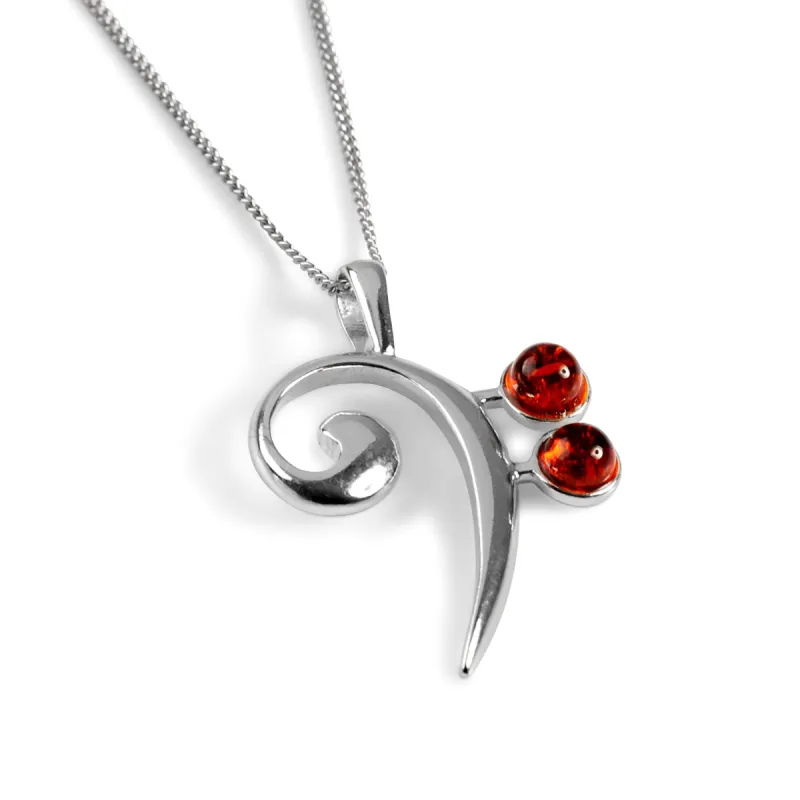 Music Bass Clef Necklace in Silver and Cognac Amber sold by Henryka