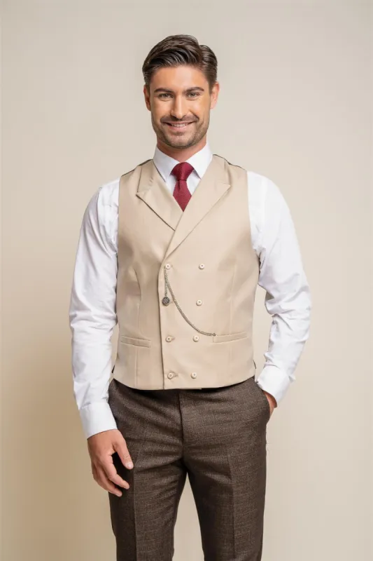Lennox Beige Double Breasted Waistcoat sold by House of Cavani