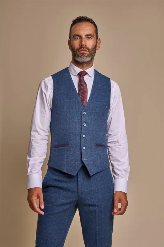 Carnegi Navy Tweed Check Waistcoat sold by House of Cavani