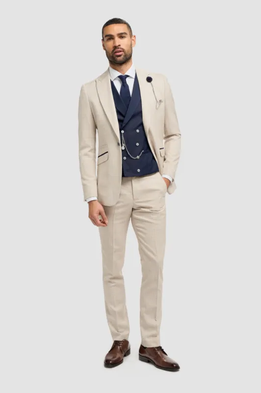 Caridi Beige With Lennox Navy Double Breasted Waistcoat sold by House of Cavani