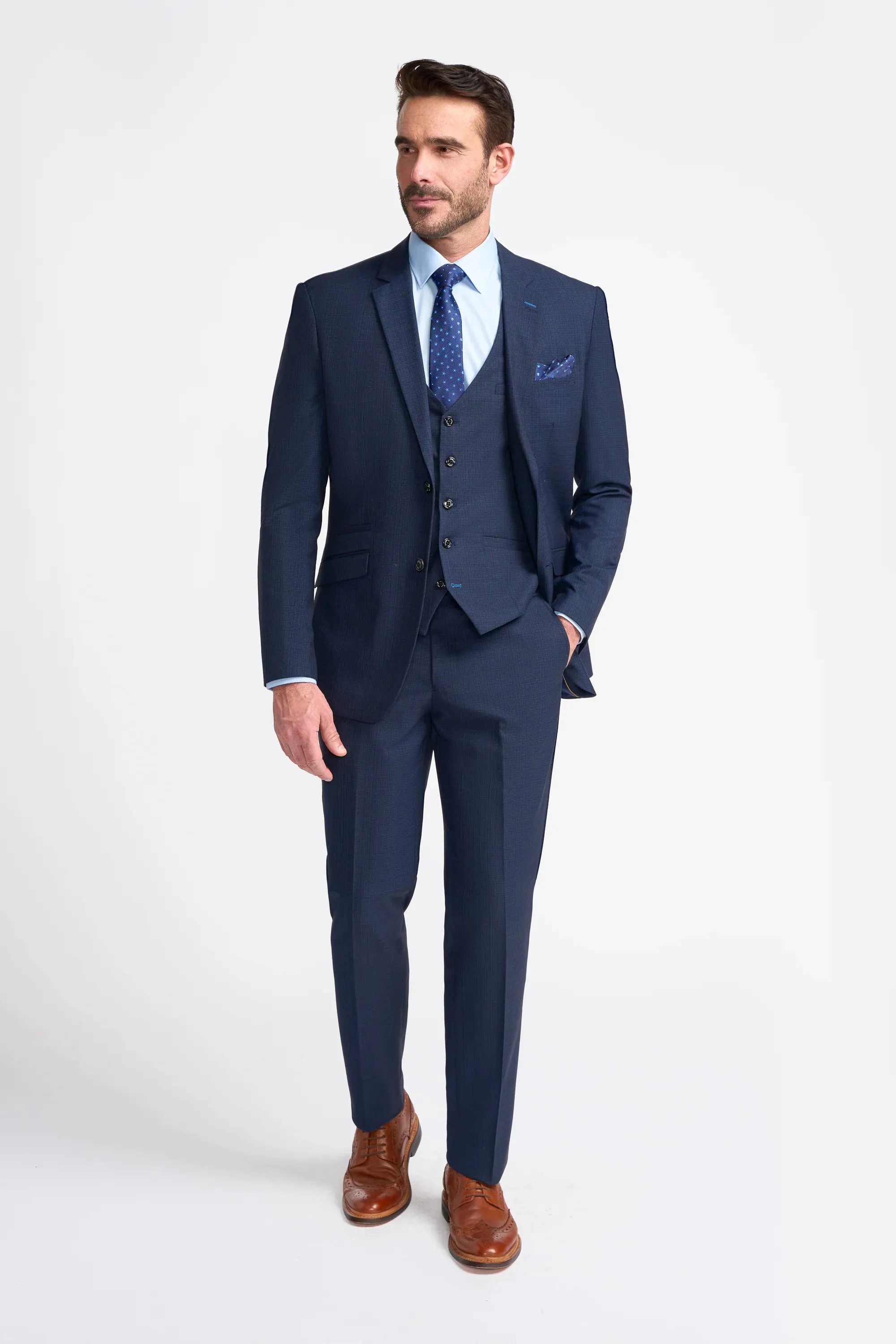 Navy Plain Regular Three Piece Suit sold by House of Cavani