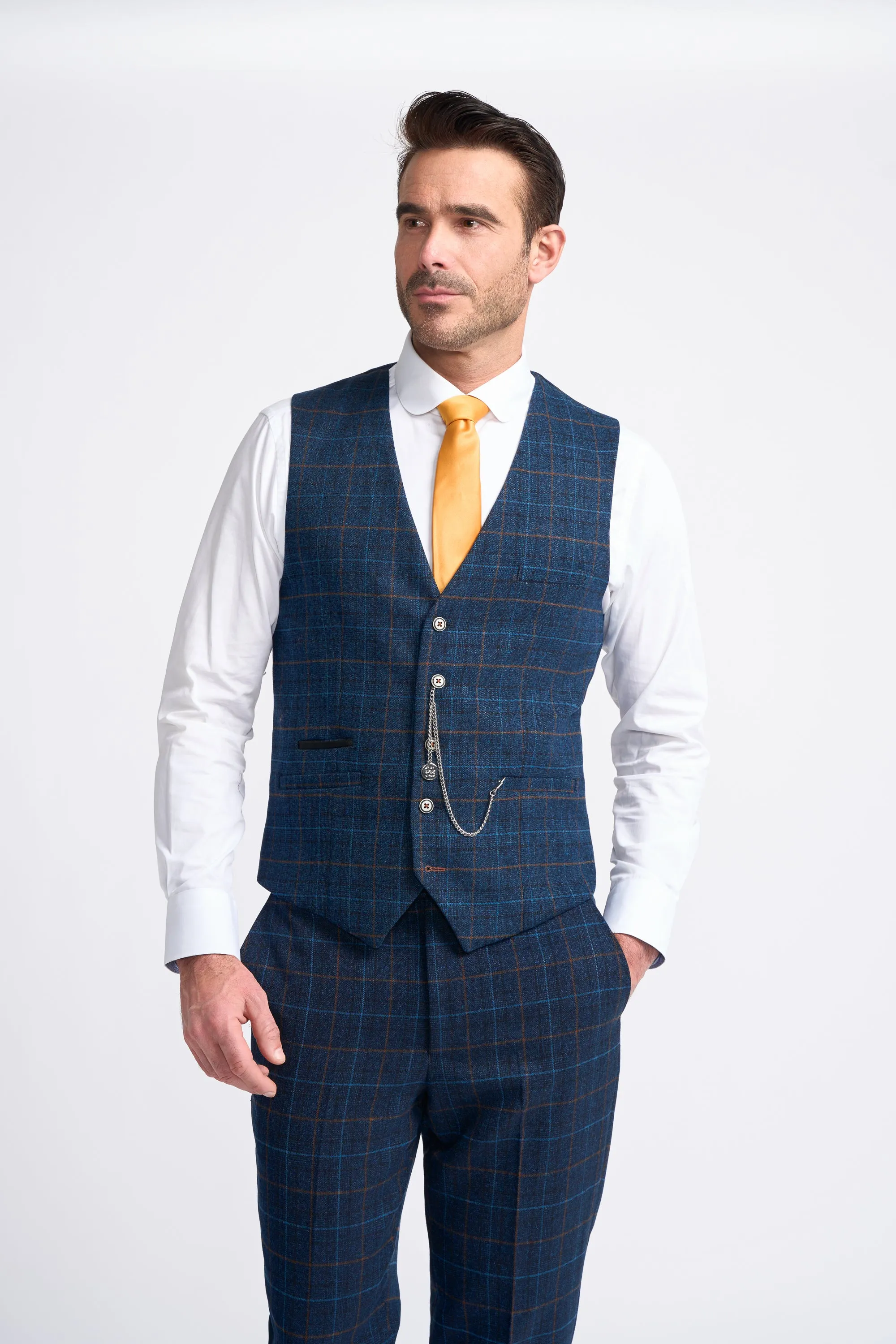 Navy Blue Check Waistcoat sold by House of Cavani