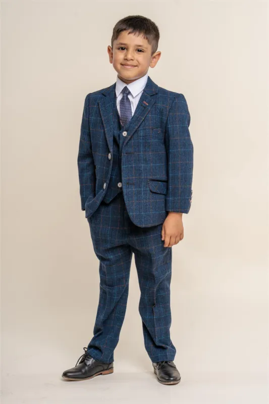 Boys Cody Blue Tweed Three Piece Suit sold by House of Cavani