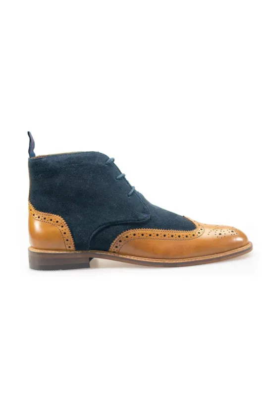 Connick Navy/Tan Brogue Boots sold by House of Cavani