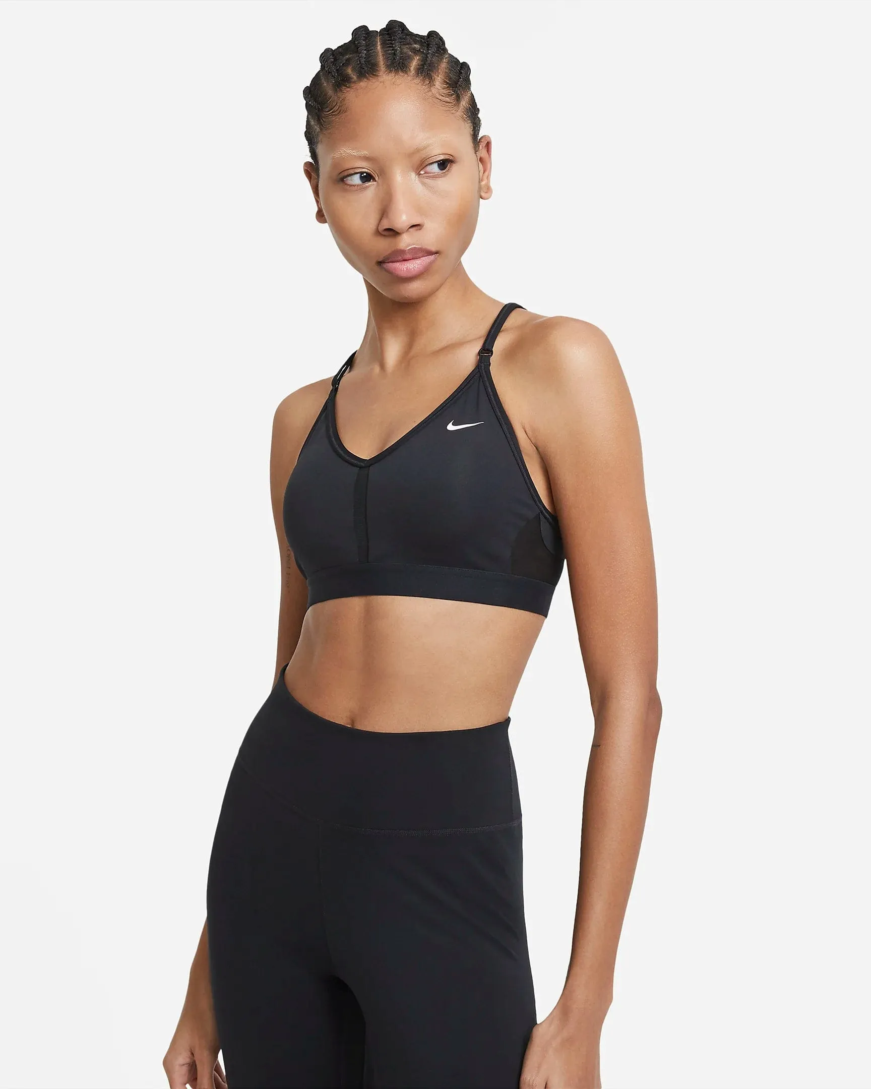 NIKE WOMEN'S DRI-FIT INDY LIGHT-SUPPORT PADDED V-NECK BLACK SPORTS BRA sold by INSPORT