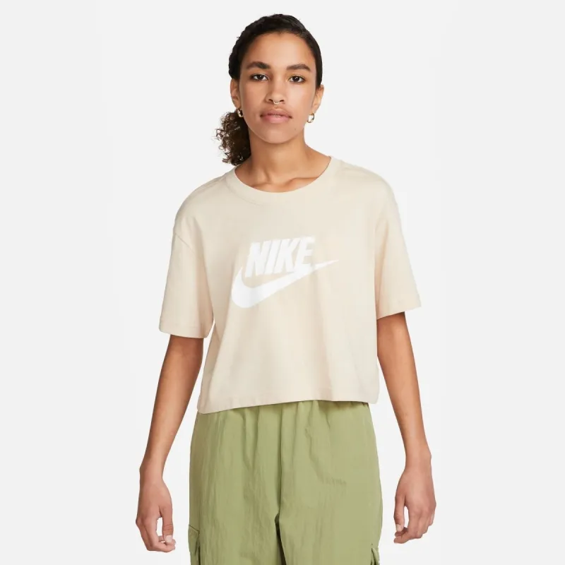 NIKE WOMEN'S SPORTSWEAR ESSENTIAL CROPPED LOGO SAND/WHITE TEE sold by INSPORT