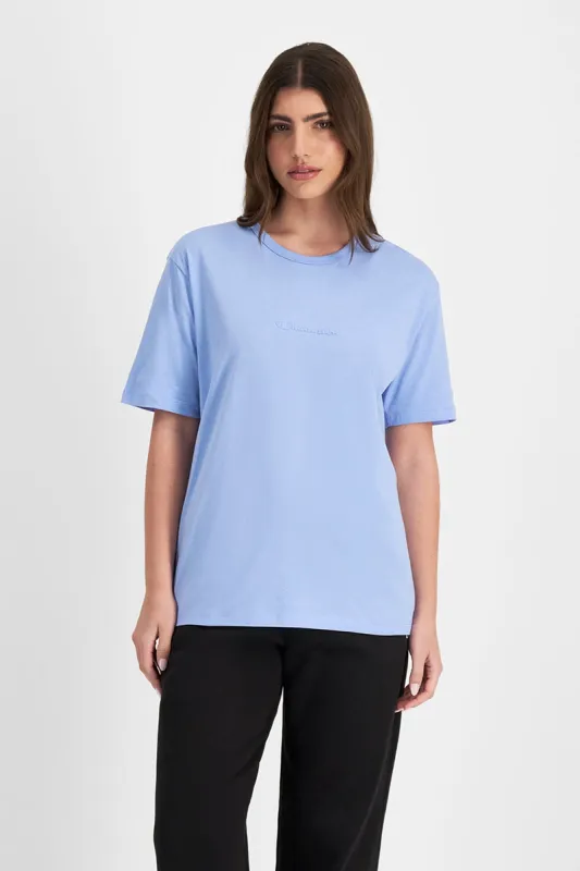 CHAMPION WOMEN'S SCRIPT TONAL BLUE TEE sold by INSPORT