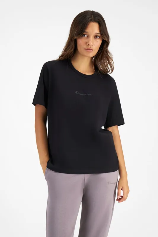 CHAMPION WOMEN'S SCRIPT TONAL BLACK TEE sold by INSPORT