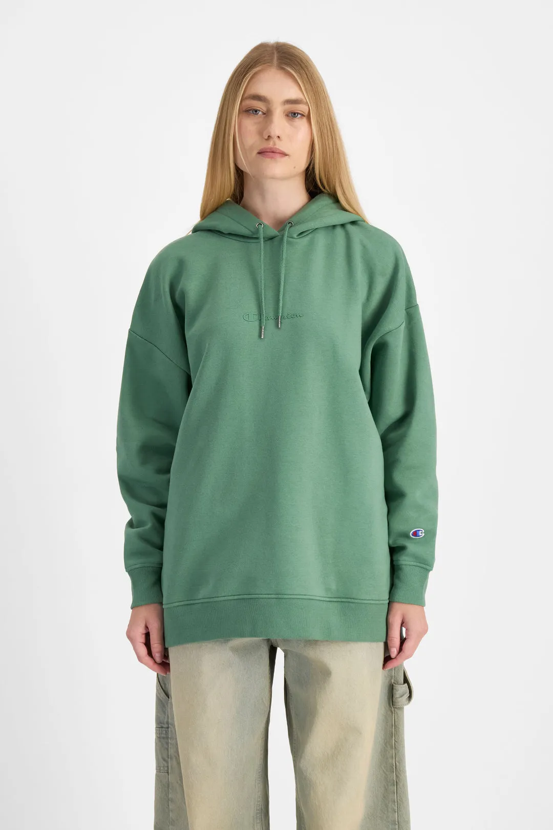 CHAMPION WOMEN'S SCRIPT TONAL OVERSIZED GREEN HOODIE sold by INSPORT