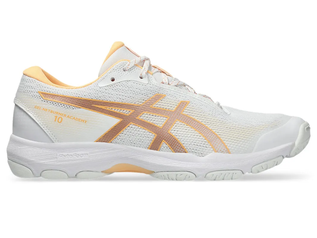 ASICS WOMEN'S GEL NETBURNER ACADEMY 10 WHITE/ROSE GOLD NETBALL SHOES made by Asics