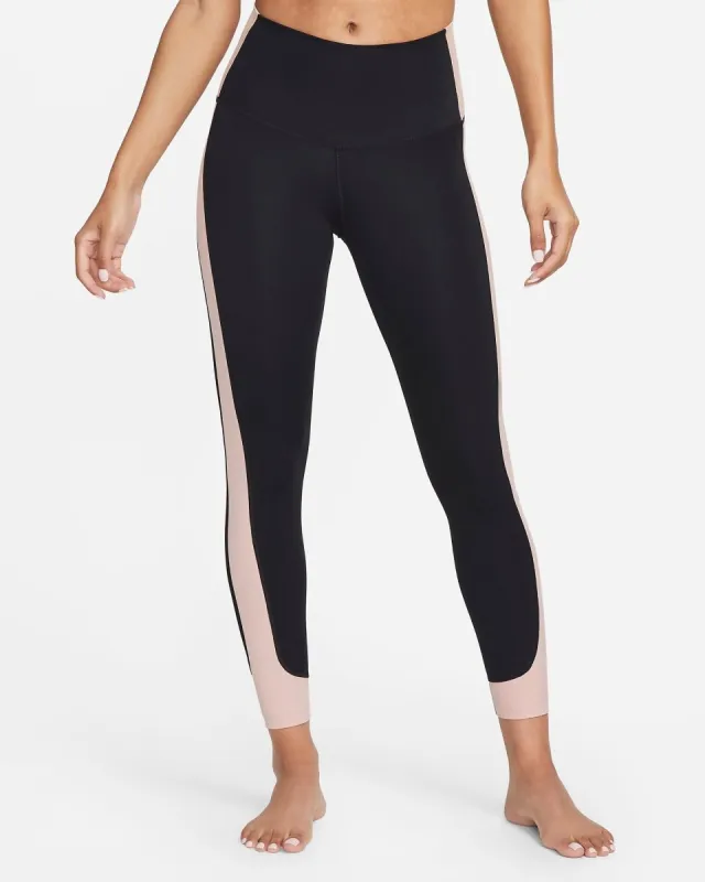 NIKE WOMEN'S YOGA HIGH-WAISTED 7/8 RIBBED-PANEL BLACK/PINK TIGHTS sold by INSPORT
