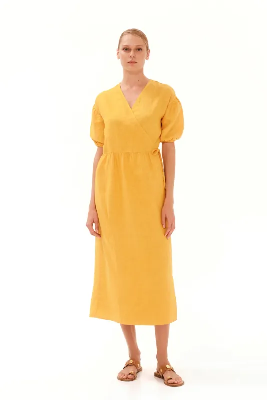 Puffy Sleeve Linen Midi Dress Yellow sold by Ivalo.com