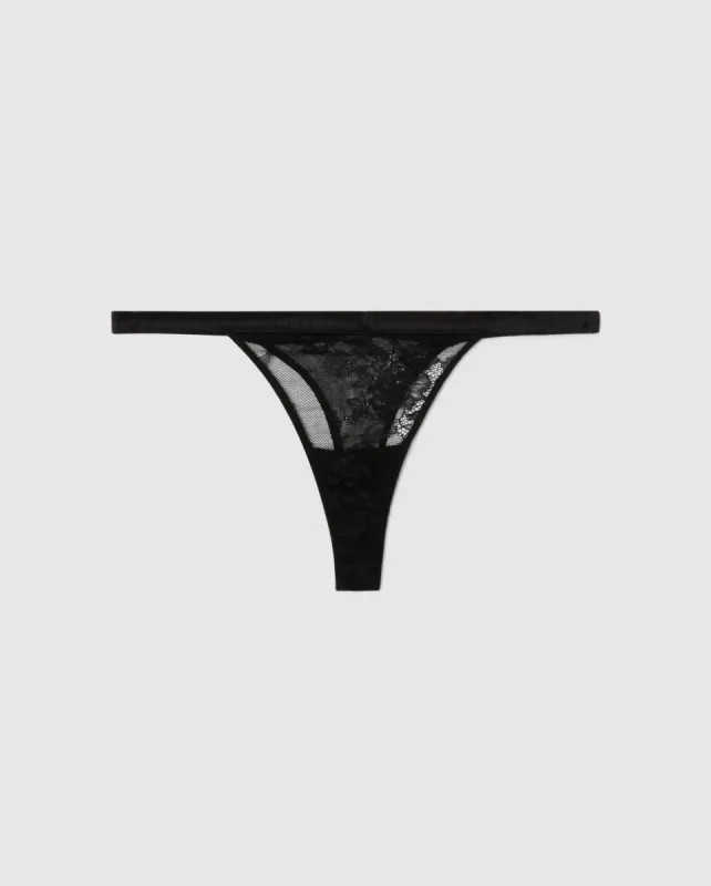 Floral Lace Satin Thong Black sold by Ivalo.com