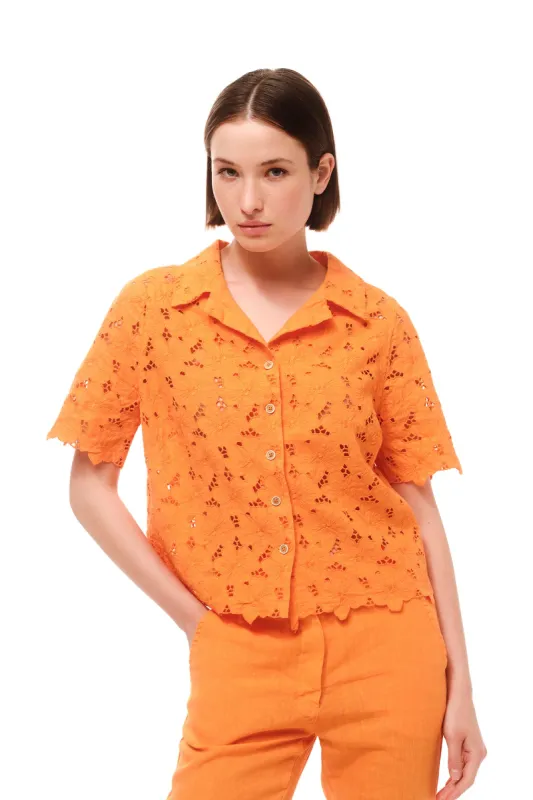 Eyelet Embroidery Scallop Trim Shirt Orange sold by Ivalo.com