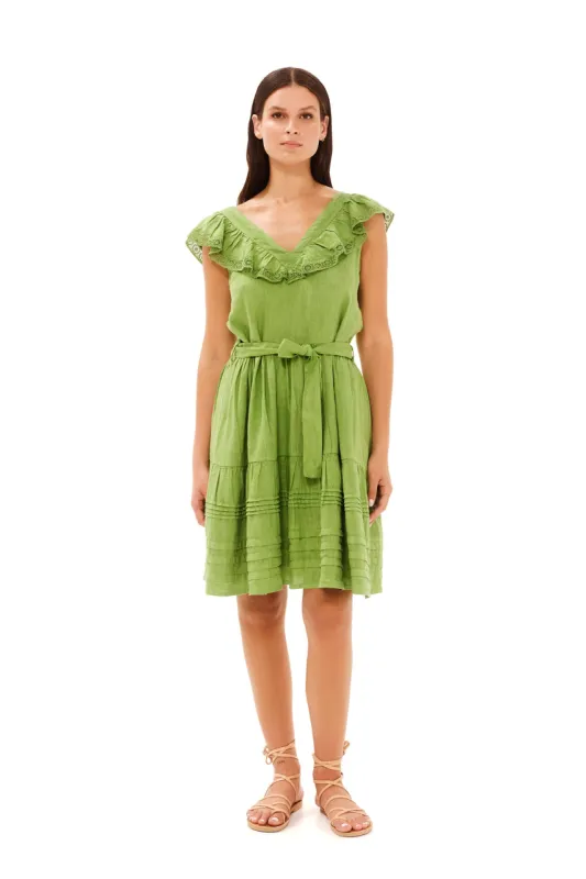 V-Neck Lace Insert Linen Dress Green sold by Ivalo.com