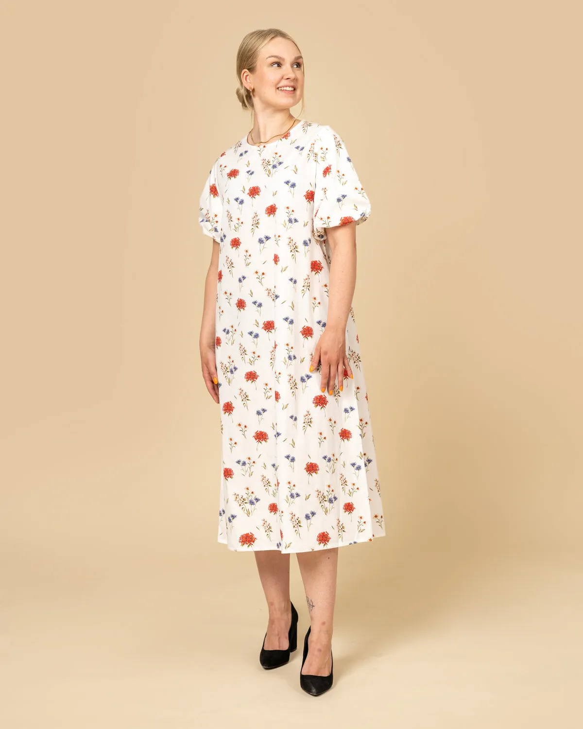 Balloon Sleeve Dress Flowers White sold by Ivalo.com