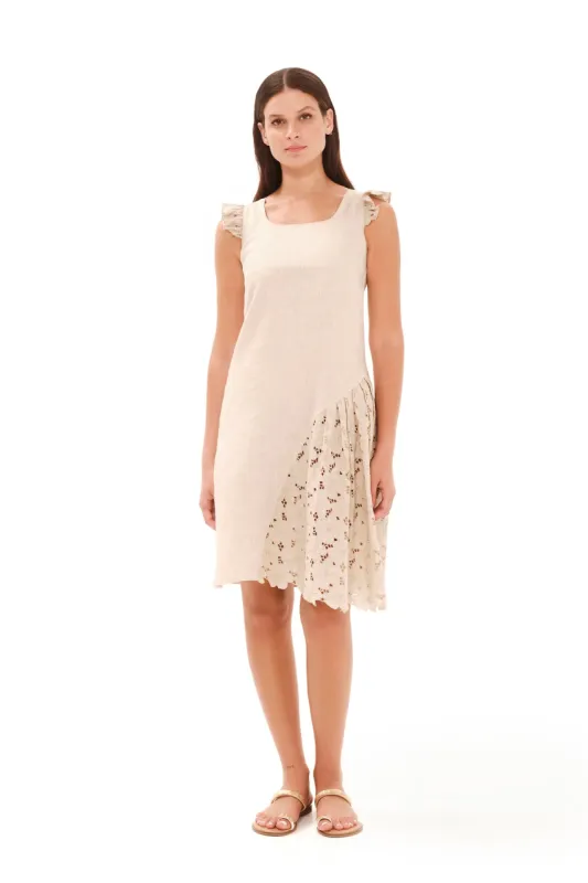 Cami Linen Dress Eyelet Embroidery Scallop Trim Beige sold by Ivalo.com