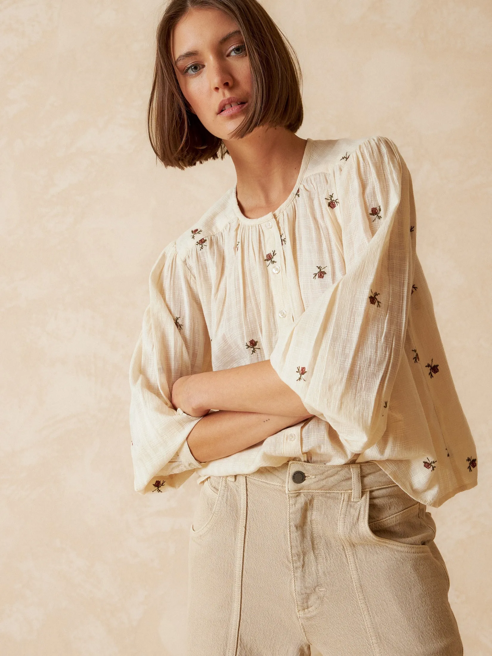 Embroidered Gauze Shirt Yellow sold by Ivalo.com