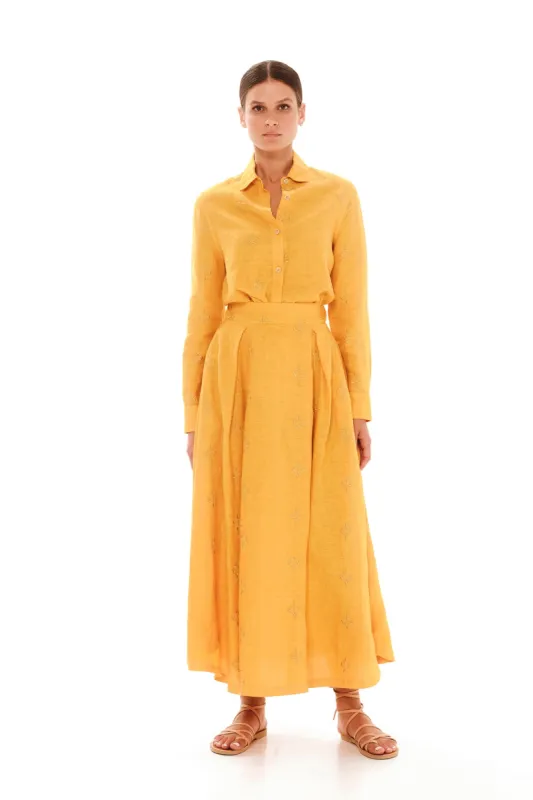 Embroidered Fold Pleated Linen Skirt Yellow sold by Ivalo.com