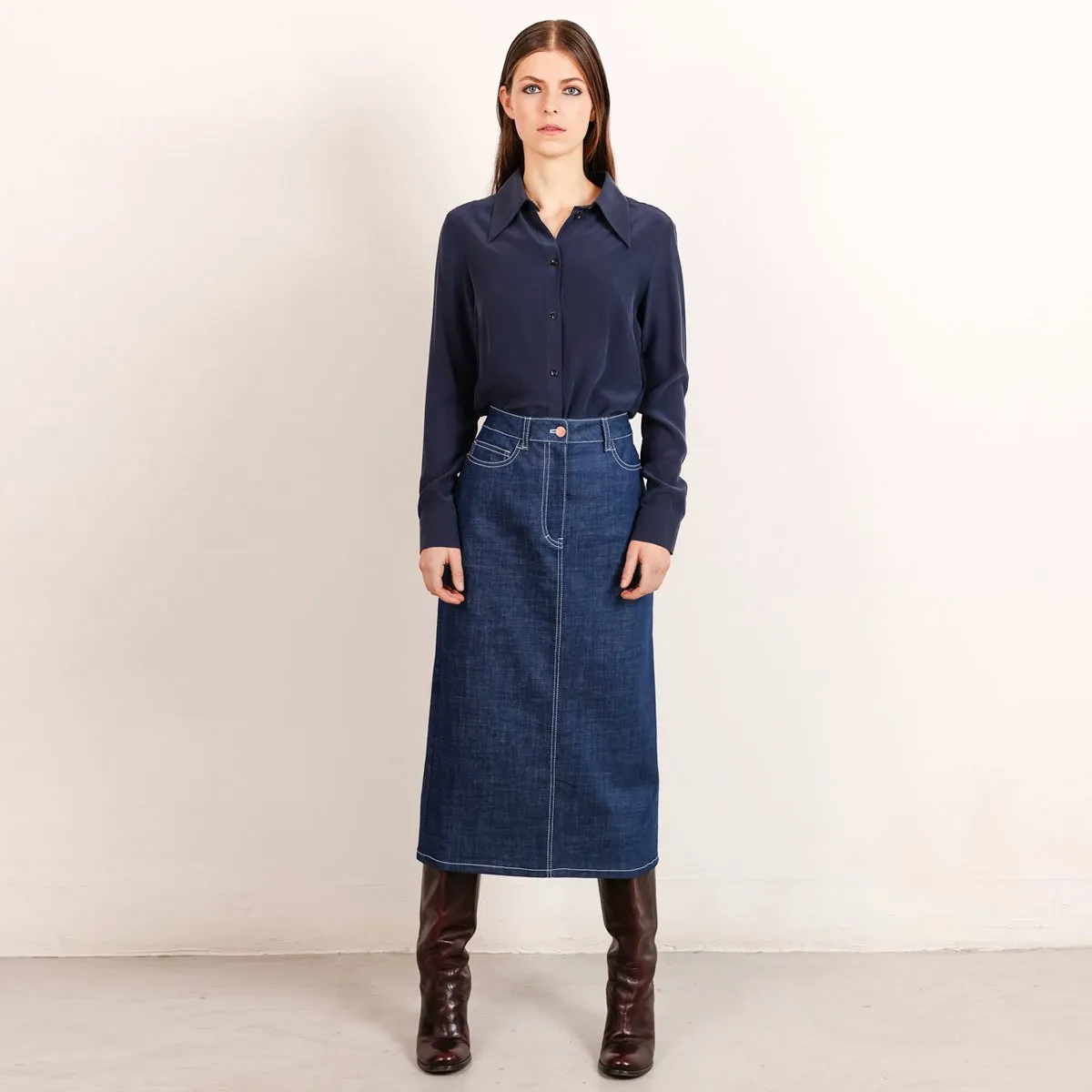 Midi Denim Skirt White Stitching Mid Blue sold by Ivalo.com