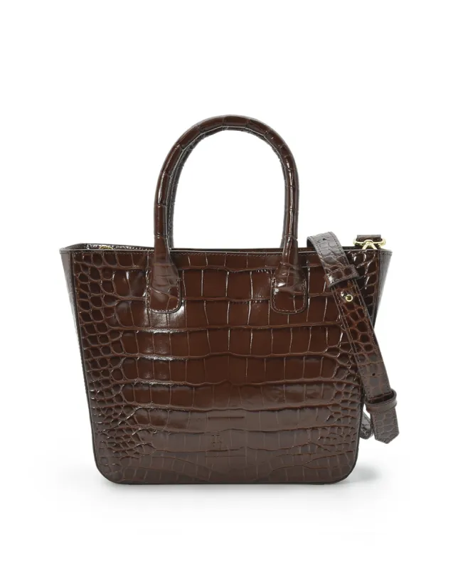 Croco Engraved Leather Trapeze Bag Dark Brown sold by Ivalo.com