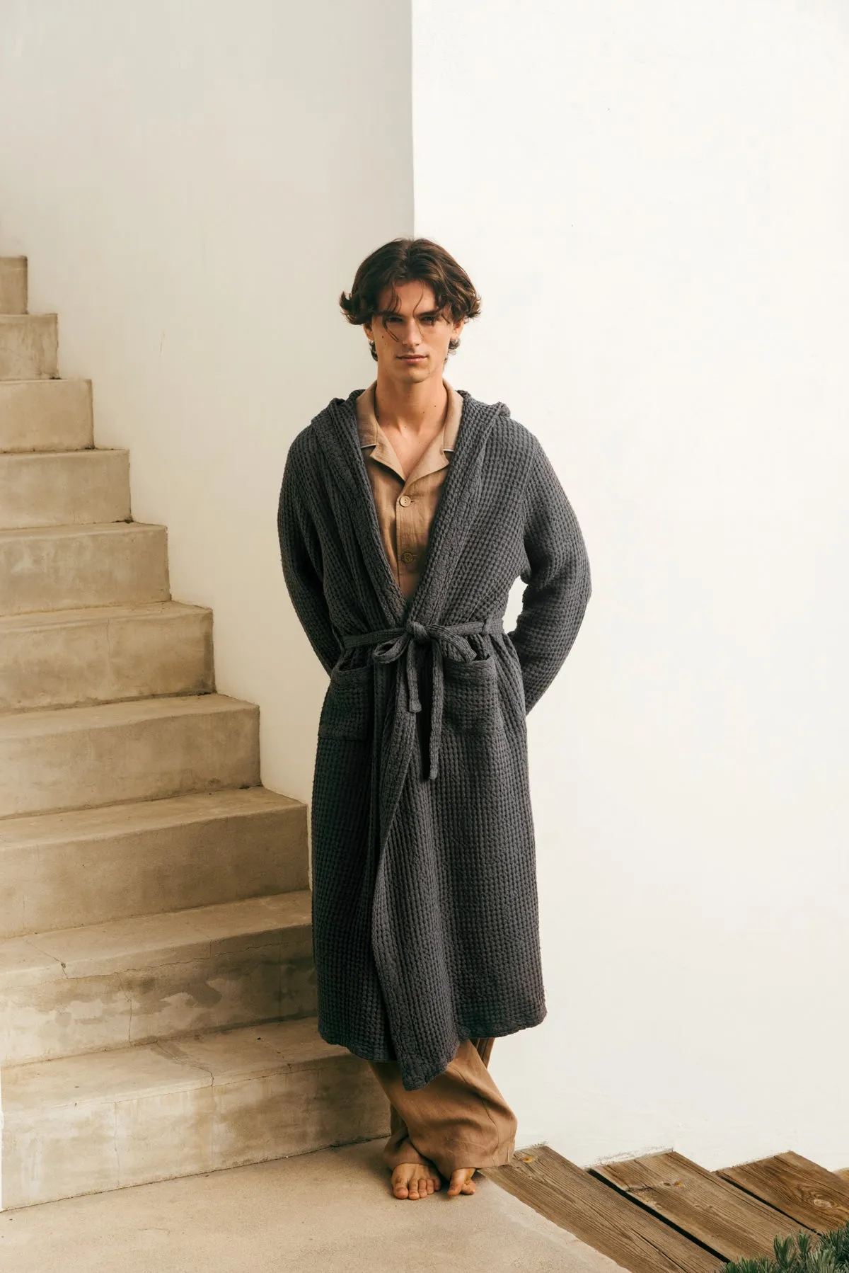 Men's Hooded Waffle Linen Bathrobe sold by Ivalo.com