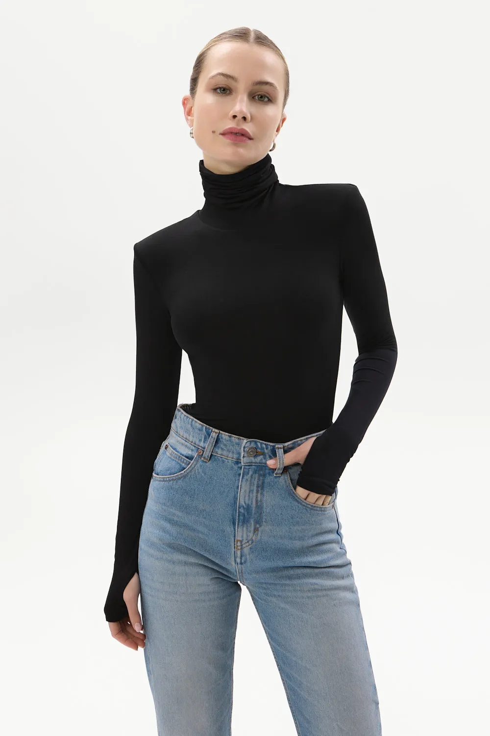 High Turtleneck Bodysuit With Shoulder Pads Black sold by Ivalo.com