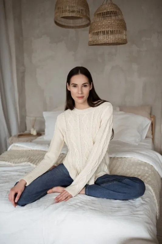 Cable-Knit Merino Wool Sweater Natural White sold by Ivalo.com