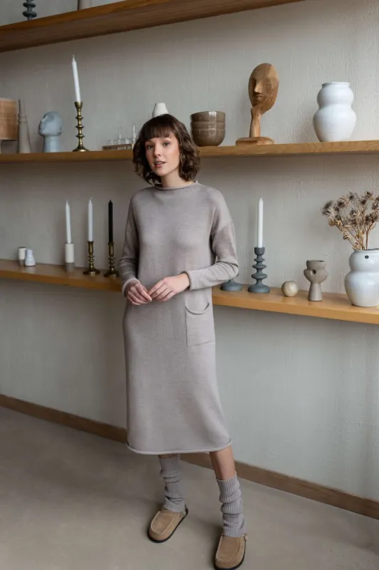 Longline Merino Wool Dress With Turn-Up Trims Beige sold by Ivalo.com