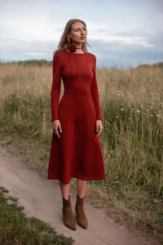 Knitted Merino Wool A-Line Midi Dress Rust sold by Ivalo.com
