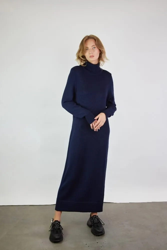 Turtleneck Knitted Merino Wool Sweater Dress Dark Blue sold by Ivalo.com