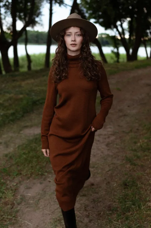 Turtleneck Knitted Merino Wool Sweater Dress Chocolate sold by Ivalo.com