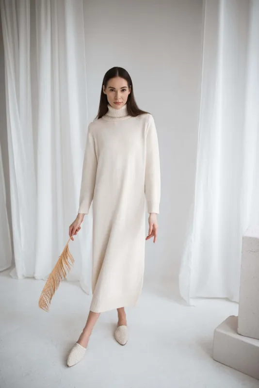 Turtleneck Knitted Merino Wool Sweater Dress Natural White sold by Ivalo.com