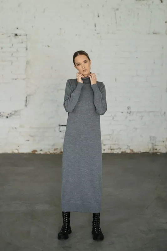 Turtleneck Knitted Merino Wool Sweater Dress Grey sold by Ivalo.com