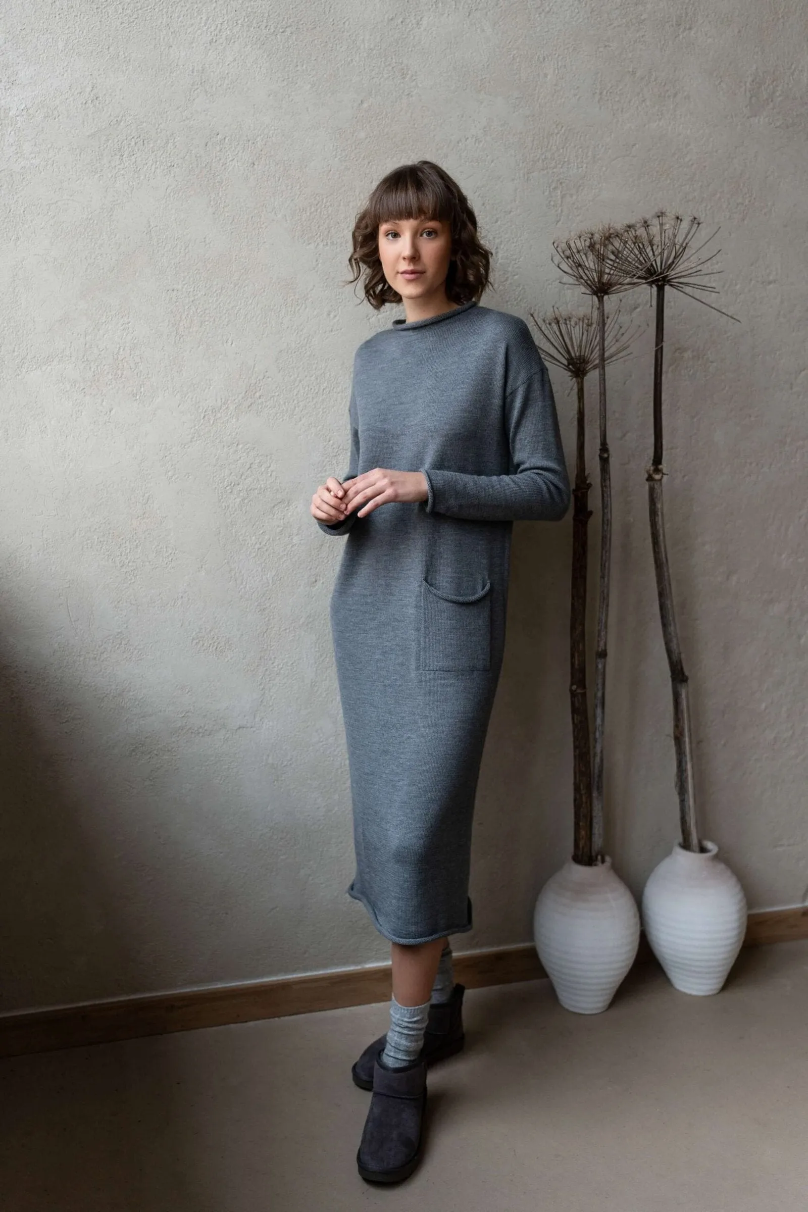Longline Merino Wool Dress With Turn-Up Trims Grey sold by Ivalo.com