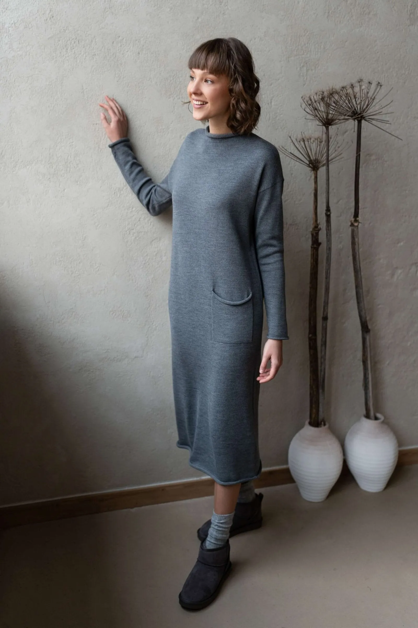 Longline Merino Wool Dress With Turn-Up Trims Grey sold by Ivalo.com product image thumbnail 2