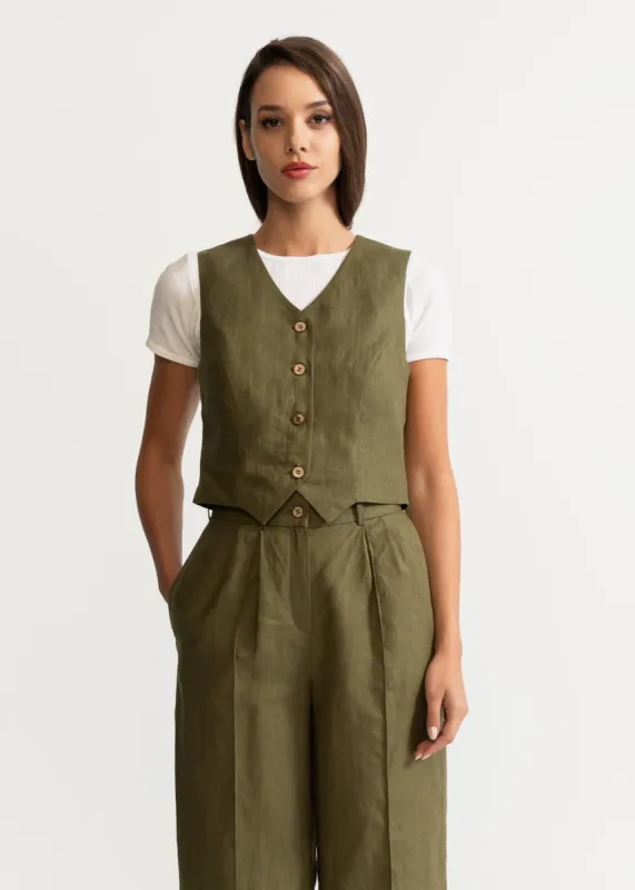 Women's Figa Linen Waistcoat Khaki sold by Ivalo.com