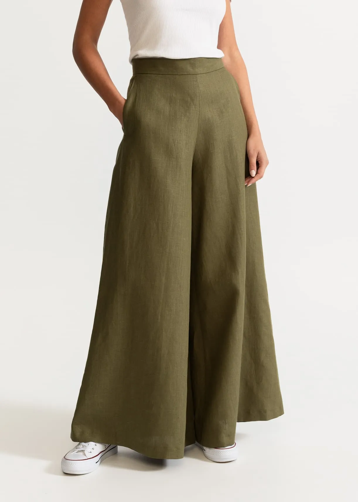 Women's Palazzo Linen Pants Khaki sold by Ivalo.com