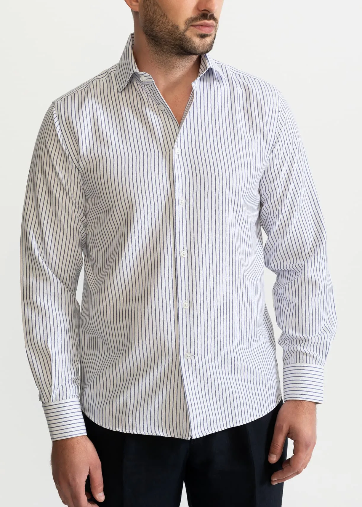 The Peles Egyptian Cotton Shirt Navy Blue Stripes White sold by Ivalo.com