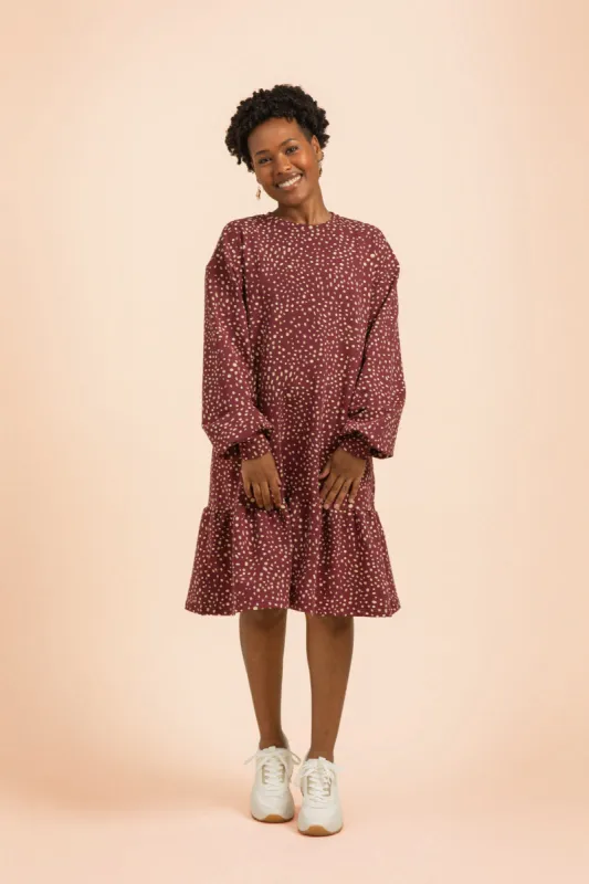 Ruffle Sweatshirt Dress Wild Dots Burgundy sold by Ivalo.com
