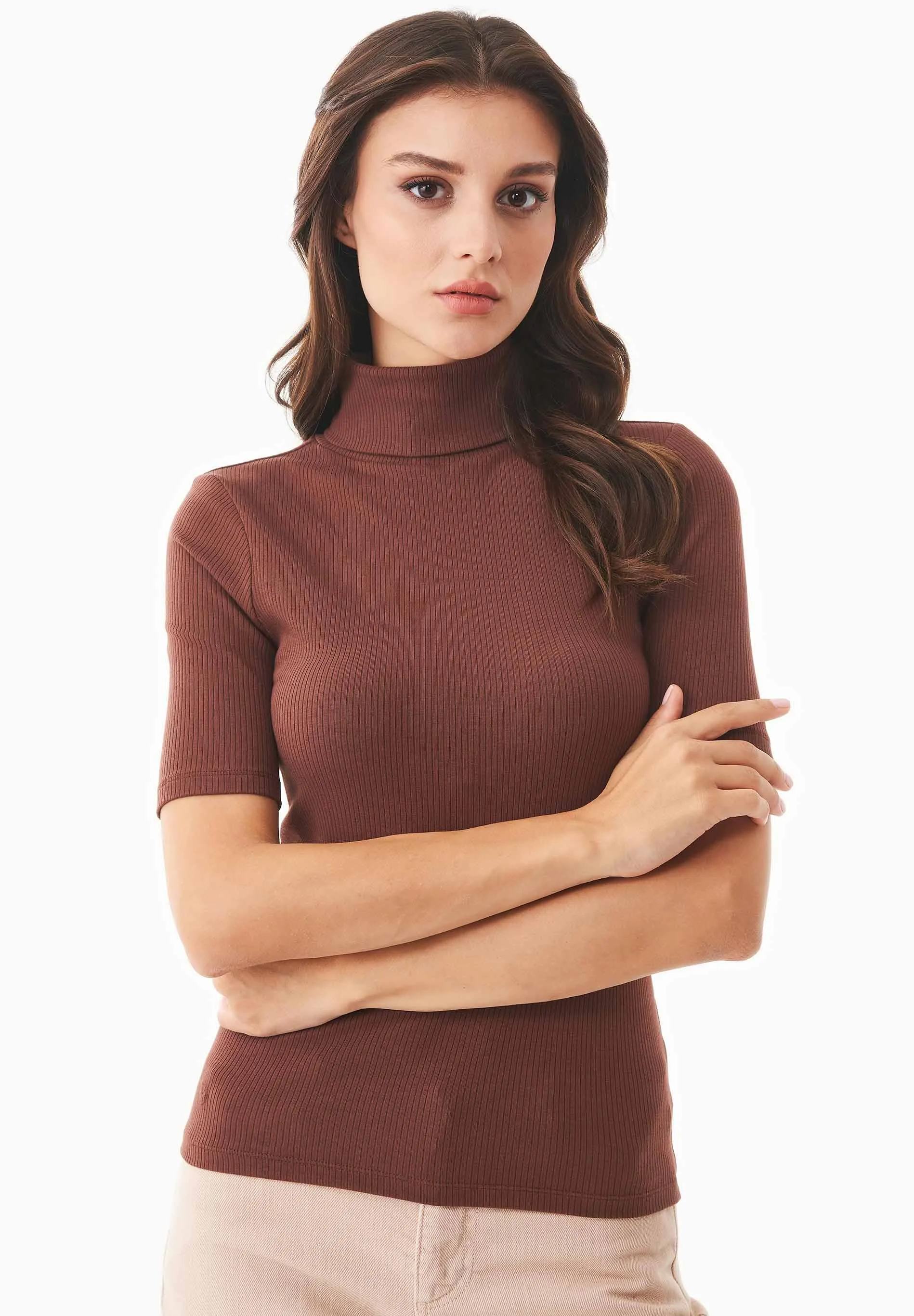 Women's Short Sleeved Cotton Turtleneck Radical Brown sold by Ivalo.com product image thumbnail 3