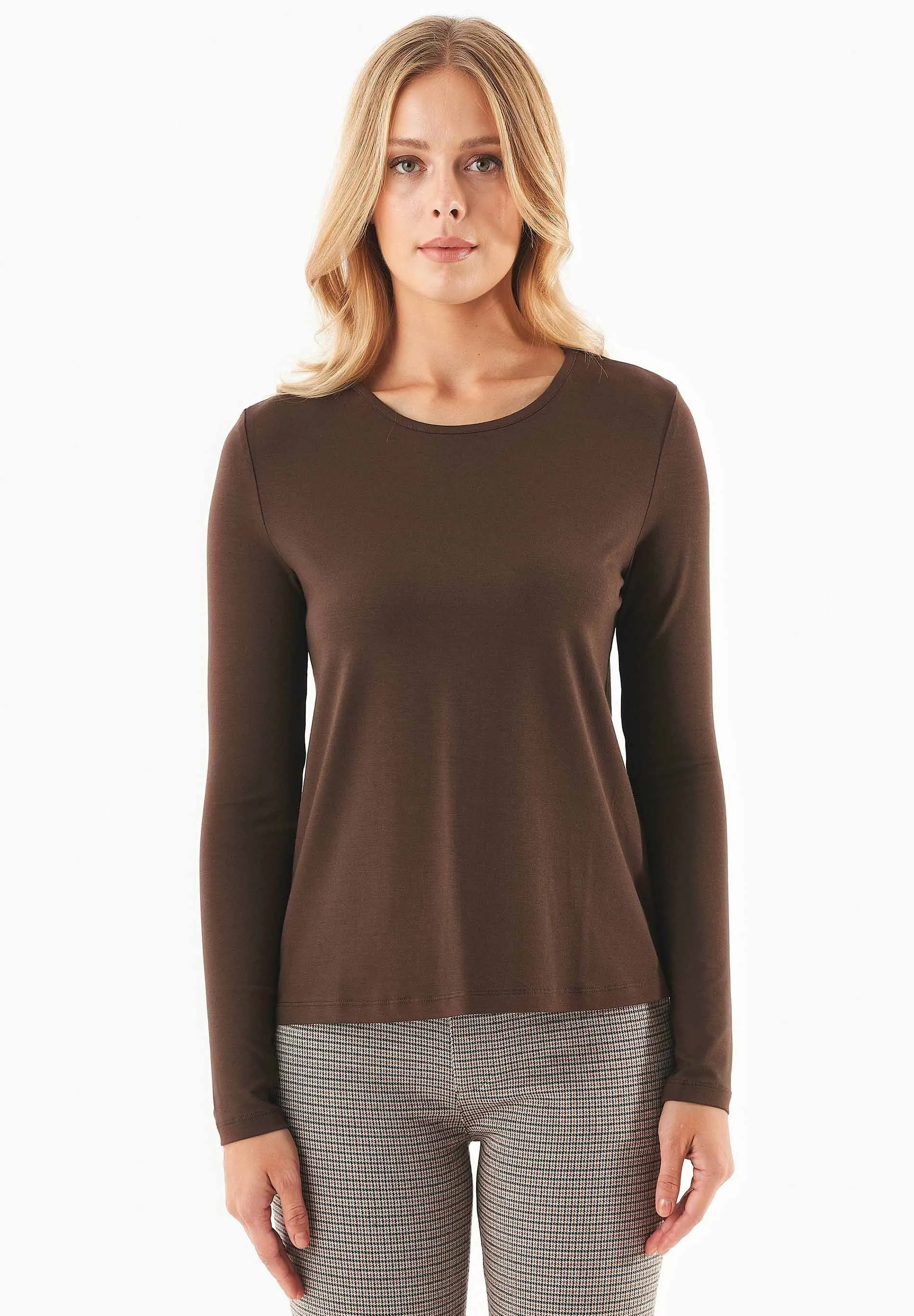 Women's Round Neck Long-Sleeve T-Shirt Chestnut Brown sold by Ivalo.com